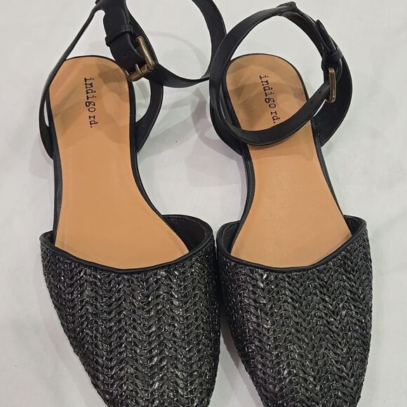 Indigo Shoes - indigo rd. Black Rafia Ankle Strap Flats 8.5